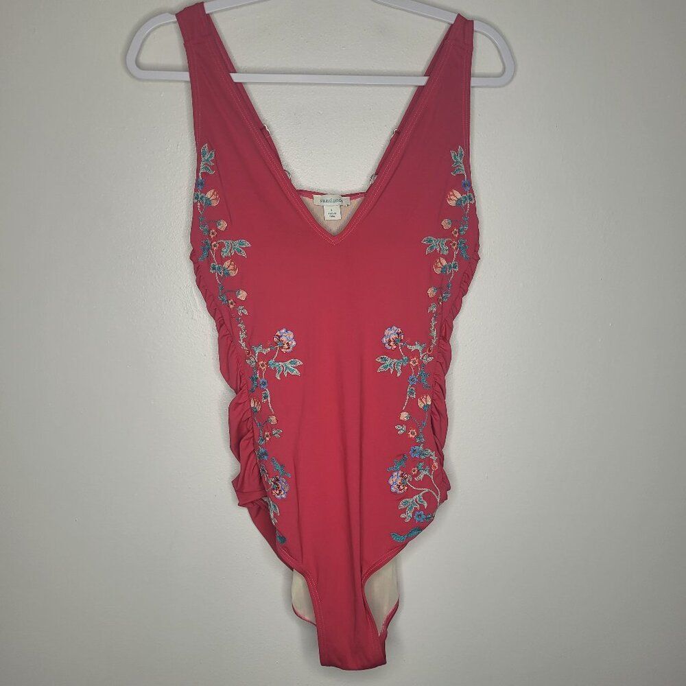 Sundance pink flower embroidery padded one piece swimsuit vacation size large
